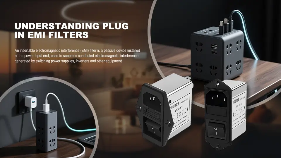 An illustration of a plug in EMI filter connected to an electrical outlet.